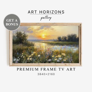 Może przedstawiać: Namalowany obraz w ramie przedstawiający zachód słońca nad rzeką z dzikimi kwiatami na pierwszym planie. Obraz jest w jasnej drewnianej ramie i ma napis "ART HORIZONS gallery" oraz "PREMIUM FRAME TV ART 3840x2160" wydrukowany pod obrazem.