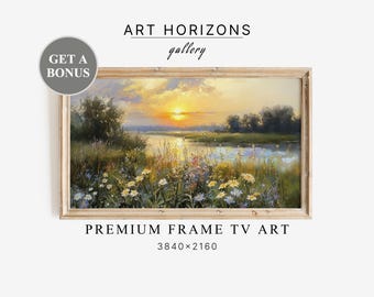 Puede incluir: Una pintura enmarcada de una puesta de sol sobre un río con flores silvestres en primer plano. La pintura está en un marco de madera claro y tiene el texto "ART HORIZONS gallery" y "PREMIUM FRAME TV ART 3840x2160" impreso debajo de la imagen.
