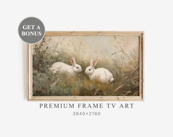 Marco de TV Samsung de conejo de Pascua, arte de primavera, conejo, pintura al óleo vintage, paisaje de campo, protector de pantalla para guardería, decoración de último segundo, animal / TV170