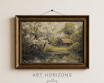 Vintage Blühender Baum See Kabine Ölgemälde Wandkunst, rustikale europäische Landschaft digitaler Download, druckbare Naturszene Haus am See | A363