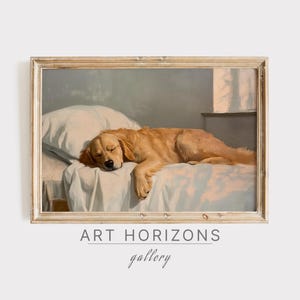 May include: A framed vintage-style painting depicts a sleeping golden retriever dog on a bed with a white pillow and light blue sheets. The artwork has a soft, warm color palette and is labeled "ART HORIZONS gallery".