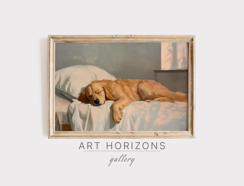 May include: A framed vintage-style painting depicts a sleeping golden retriever dog on a bed with a white pillow and light blue sheets. The artwork has a soft, warm color palette and is labeled "ART HORIZONS gallery".