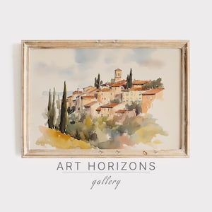 Paysage aquarelle de village de la Toscane Italie européenne voyage Art rustique pays carte postale imprimable Toscane art mural vintage | A784