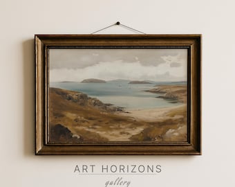 Printable Vintage Coastal Sea Oil Painting, Beach House Wall Art, Nautical Landscape Print, Sailboat and Ship Decor | A296