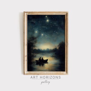 Vintage Ölgemälde Boot Sterne Anstarren Landschaft Romantische Nacht Himmel Printable Download Celestial Dekor Sternengucken Antike Wandkunst | A482