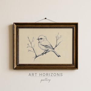 Bird On Branch Sketch Printable Wall Art Rustic Vintage Nature Illustration Antique Ink Drawing Minimalist Wildlife Botanical Decor | A721