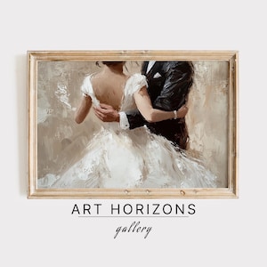 May include: A painting of a couple in a wedding dress and tuxedo, embracing in a romantic pose. The painting is framed in a light wood frame. The artwork is titled "Art Horizons Gallery".
