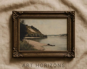 Vintage Lake Mountain Oil Painting Wall Art | Serene Waterscape, Hills View, Antique Landscape, Digital Download | A669