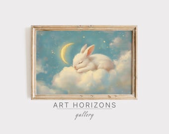Cute Rabbit Nursery Oil Painting Wall Art Bunny Sleeping Cloud Moon Night Whimsical Children's Bedroom Baby Kids Animal Home Decor | A498