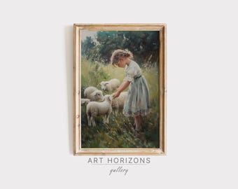 Vintage Oil Painting Little Girl Sheep Lamb Cottagecore Wall Art Moody Farmhouse Print Light Academia Decor Farm Animal Easter Decor | A402