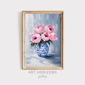 Arte de pared imprimible con flor de peonía rosa, jarrón chinoiserie azul, bodegón botánico vintage, decoración floral, póster digital elegante y suave / A764