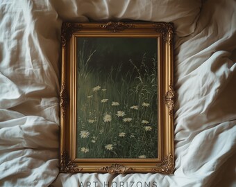 Printable Wall Art Dark Cottagecore Daisy Meadow Botanical Moody Green Vintage Nature Bedroom Living Room Decor Digital Print | A395