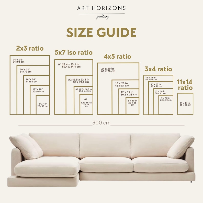 May include: A size guide for art prints, featuring various aspect ratios like 2x3, 5x7, 4x5, 3x4, and 11x14, with dimensions in inches and centimeters. The guide includes sizes such as 24" x 36" (61x91 cm) and 12" x 18" (30x46 cm).