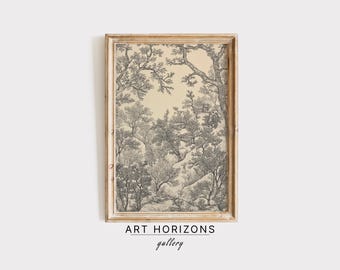 Vintage Sketch Wall Art Print, Antique Landscape Drawing for Farmhouse Wall Decor, Moody Woodland Printable Textile Art, Digital Art | A229