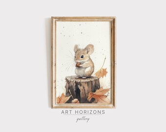 Cottagecore Mouse Print Watercolor Whimsical Animal Wall Art Digital Download Autumn Nursery Woodland Decor Neutral Cozy Home | A896