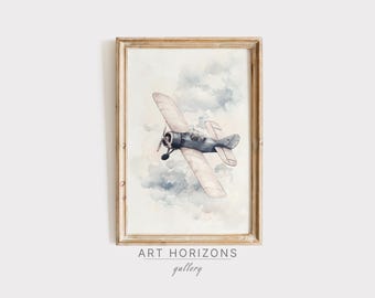 Vintage Toy Plane Nursery Watercolor Illustration Airplane Cloudy Sky Printable Wall Art Rustic Aviation Baby Boy Nursery Kids Decor | A422