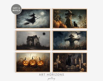 Set of 6 Halloween Frame TV Art Autumn Fall Ghost Painting Witch Pumpkin Jack O Lantern Vintage Gothic Wall Downloadable | TVS4