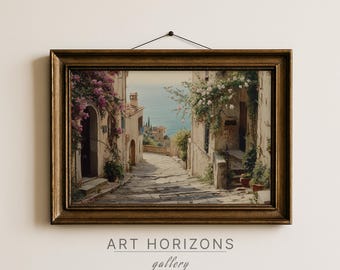 Printable Italian Wall Art Vintage Summer Oil Painting Mediterranean Beach Sea View Coastal Bohemian Spanish Street Digital Download | A1026