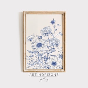 Blumenstrauß Druckbare Wand Kunst Blaue Blumen Stillleben Zeichnung Boho Ästhetisches Poster Druckbare Botanische Minimalistische Skizze Kunst | A429