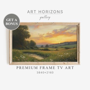 May include: A framed landscape painting depicting a rural scene with a stream winding through a field of wildflowers. The sky is a vibrant orange and yellow, suggesting a sunset. The painting is titled "Art Horizons Gallery" and has a resolution of 3840x2160.