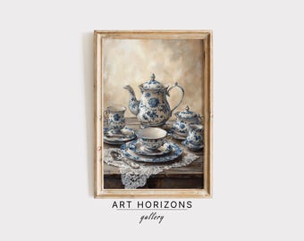 May include: A framed painting of a blue and white porcelain tea set on a table with a lace tablecloth. The tea set includes a teapot, creamer, sugar bowl, and two cups and saucers.