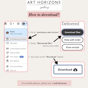 May include: A guide with instructions on how to download files from a digital art gallery. The guide includes screenshots of the Etsy interface, with arrows pointing to the download button and other relevant options. The text reads "How to download?"