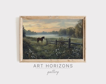 Vintage Horse Foggy Morning Oil Painting Pastoral Country Spring Summer Field Wall Art Farmhouse Decor Printable Animal Print Digital | A450