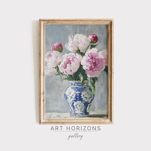 Pintura al óleo vintage de peonía, bodegón con flores, arte de pared imprimible, jarrón azul, botánico, elegante, suave, neutro, decoración bohemia, póster digital / A763