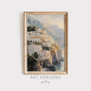 Pintura al óleo vintage de la costa italiana, impresión artística para pared, paisaje tranquilo, montañas, Positano, Amalfi, costa italiana, playa / A677