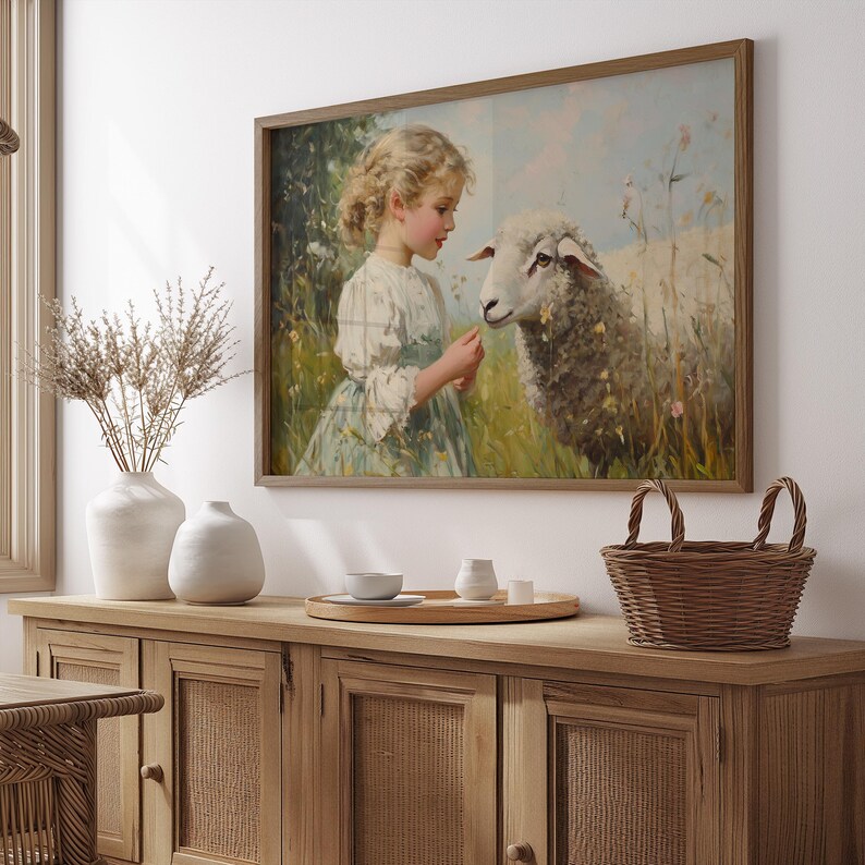 Vintage Oil Painting Little Girl Sheep Lamb Cottagecore Wall Art Moody ...