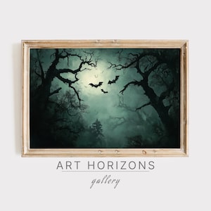Haunted Forest Halloween Printable Wall Art Oil Painting Spooky Trees Bats Dark Night Autumn Decor Fantasy Horror Digital Print | A837