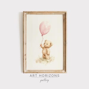 Osito de peluche vintage con acuarela para imprimir, decoración retro para dormitorio infantil, ilustración en color rosa, bonito y apagado, regalo para fiesta de género/A426