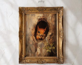 Squirrel Wall Art Printable Cottagecore Oil Painting Print Woodland Nursery Decor Rustic Nature Cabin Art Digital Download | A894