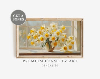 Vintage Oil Painting Daffodils Frame TV Art Still Life Farmhouse Decor Spring Floral Samsung Screensaver Background Flowers Artwork | TV165