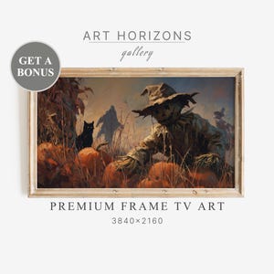 May include: A framed artwork depicting a Halloween scene with a scarecrow, pumpkins, and a black cat. The artwork has a rustic, vintage style with the text "ART HORIZONS gallery" and "PREMIUM FRAME TV ART". The resolution is 3840x2160.