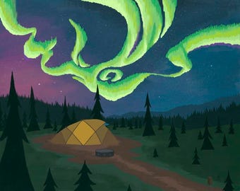 Northern Lights | A scenic landscape of a tent during a disply of Aurora Borealis