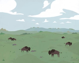 Grasslands | A scenic landscape of bison grazing.