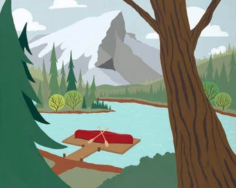 Alpine Lake | A scenic landscape of a red canoe resting on an alpine dock.