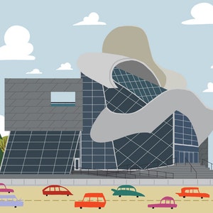 May include: Illustration of a modern building with a unique, curved design, featuring a gray facade and large glass windows. The building is set against a blue sky with fluffy white clouds. Colorful cars are driving on the road in front of the building.