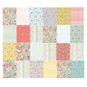 May include: A patchwork quilt design featuring a variety of floral patterns, stripes, and polka dots in shades of pink, yellow, green, and blue.