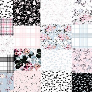 Könnte beinhalten: Eine digitale Collage aus 16 verschiedenen Mustern, darunter florale, karierte und gepunktete Designs. Die Muster sind in den Farben Rosa, Blau, Schwarz und Weiß gehalten.