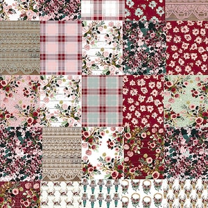 May include: A digital paper pack with 20 different patterns featuring floral designs, plaid patterns, and rustic elements in shades of red, pink, white, and green.