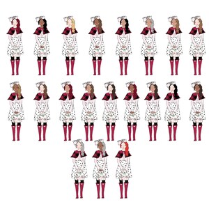 Könnte beinhalten: Ein Set mit 20 digitalen Illustrationen von Mädchen, die rote und schwarz karierte Umhänge und weiße Polka-Dot-Kleider tragen. Jedes Mädchen hat eine andere Haarfarbe und einen anderen Stil. Die Mädchen halten kleine rote und weiße Schachteln mit der Aufschrift "Holly Jolly" in der Hand.
