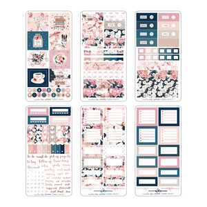 May include: A set of planner stickers featuring a floral pattern in shades of pink, blue, and white. The stickers include a variety of shapes and sizes, including boxes, banners, and decorative elements. The stickers are perfect for adding a touch of elegance and whimsy to any planner.