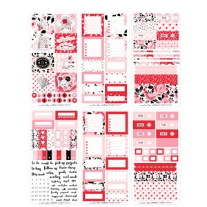 May include: A set of Valentine's Day planner stickers featuring a pink and red color scheme with black accents. The stickers include floral patterns, hearts, and various text boxes for writing notes and reminders. The stickers are designed for use in a planner or journal.