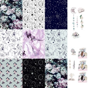 May include: A digital collage of 10 different patterns featuring celestial and floral designs. The patterns include constellations, moons, stars, galaxies, and flowers in shades of blue, white, black, and pink.