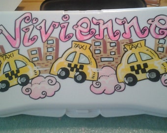 Personalized Handprinted Baby Wipes Refillable Case Girls Happy Taxis