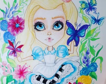 Alice IN Wonderland and the Flowers Fairytale art Fantasy Art print