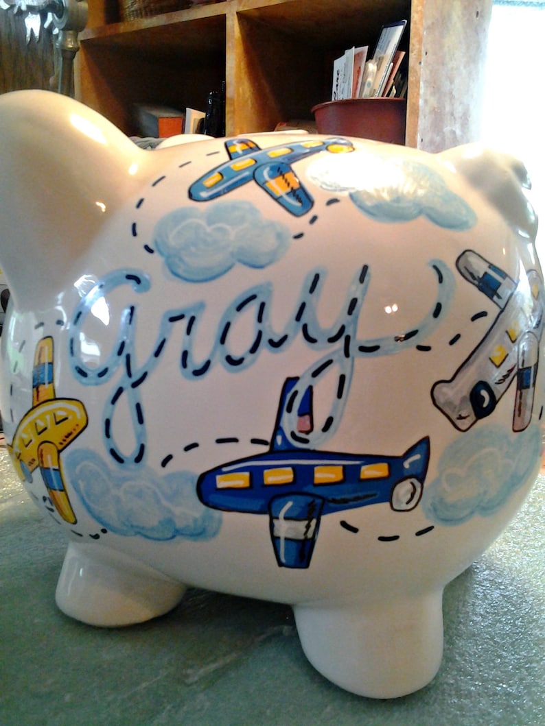 Personalized Piggy Bank Airplane Design Primary Colors Boys Room Handpainted image 4