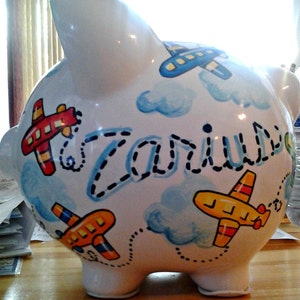 Personalized Piggy Bank Airplane Design Primary Colors Boys Room Handpainted image 1